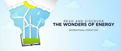 International Literacy Day Banner, paper origami concept. Read and discover hw wonders of energy. Vector Art. EPS 10.