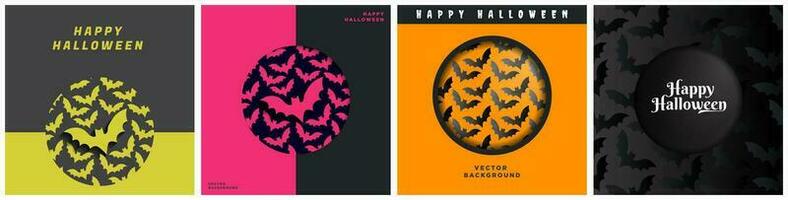 Set of Geometric Halloween Bat themed cover album card templates in dark and orange colors, card poster layouts for Halloween. Bat patterned designs.  Vector Illustrations.