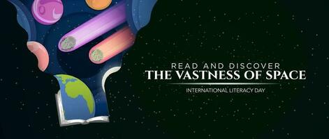 International Literacy Day Banner, paper origami concept. Read and discover the vastness of space. Paper art of outer space with planets and asteroids. Vector Art. EPS 10