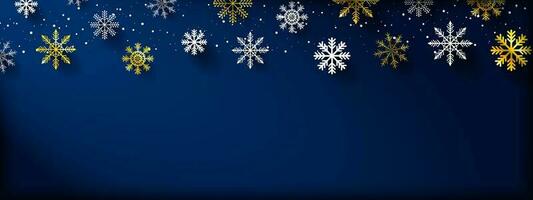 Beautiful Winter Banner with 3d white and gold snowflakes on dark blue background and natural spotlight from corner. Dark Blue Christmas Header with copy space. Vector Illustration. EPS 10.