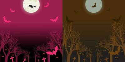 Set of Creepy Forest and graveyards with flying bats, ghosts, tombs, witches, and full moon in the sky. Perfect background for horror designs, halloween, haunted posters. Vector Illustrations