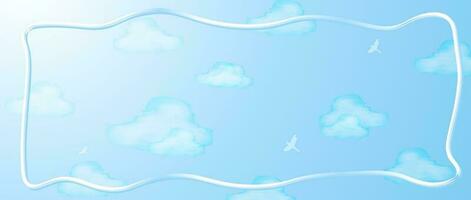 Watercolor sky banner with white and blue ribbon. Painted fluffy clouds on heaven backdrop. Vector Art. EPS 10.