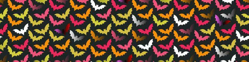 Horizontal Banner of Colorful Flying Bats Pattern on dark background. Seamless and repeating flying bats wallpaper. Vector Illustration. Perfect for greeting banners, invitations, announcements, etc.