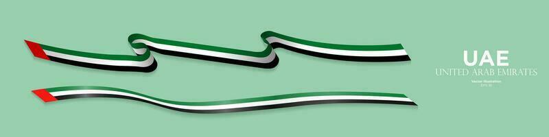 3d Rendered United Arab Emirates Flag Ribbons with shadows, isolated on white background. UAE Shiny Flag ribbons. Curled and rendered in perspective. Graphic Resource. Editable Vector Illustration.