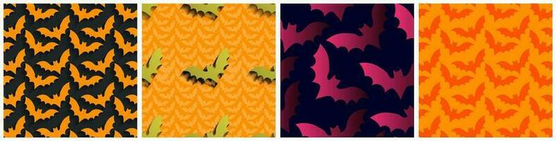 4 Seamless patterns of black, red, pink, gold and gradient flying bats with shadows for perspective on colored backgrounds. Black bats. Colorful Halloween pattern collection. Vector Illustrations.