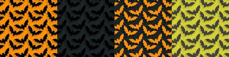 4 Seamless pattern of pop up cartoon flying bats with shadows for perspective on orange, orange yellow, gray, and black backgrounds. Colorful Halloween pattern collection. Vector Illustration. EPS 10.