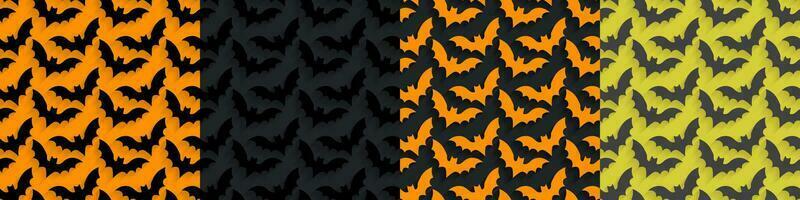 4 Seamless pattern of pop up cartoon flying bats with shadows for perspective on orange, orange yellow, gray, and black backgrounds. Colorful Halloween pattern collection. Vector Illustration. EPS 10.