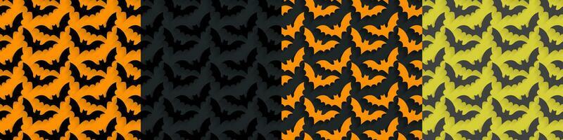 4 Seamless pattern of pop up cartoon flying bats with shadows for perspective on orange, orange yellow, gray, and black backgrounds. Colorful Halloween pattern collection. Vector Illustration. EPS 10.