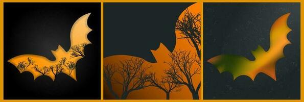 Set of Halloween and Creepy Bat Frame card templates with dark tree silhouettes on orange gradient backgrounds. Editable Vector Illustration. Perfect for card, posters, banner, invitations, signs.