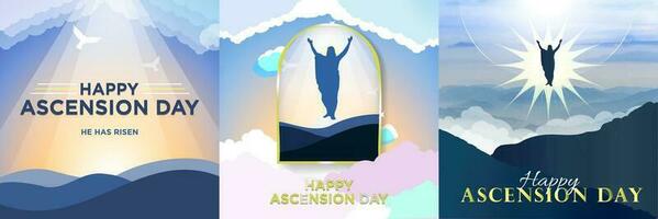 Happy Ascension Week Poster Set.  Vector Illustration of The Ascension Day of Jesus Christ. Jesus Silhouette rising to heaven.
