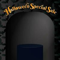 Halloween Special Sale Background with dark pillar podium for presentation and minimal moon light with flying bats. Editable Vector Illustration. EPS 10.