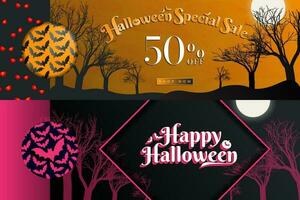 Set of Halloween templates. Halloween Special Sale Banner with 50 off and shop now button on orange textured gradient background with trees and moon. Happy Halloween message on pink frame. Vector