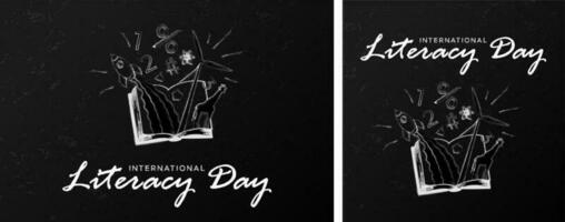 Set of International Literacy Day Greeting Card and banner artwork with hand-written chalk style. Educational elements appearing from open book. Vector Art. EPS 10.
