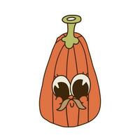 Pumpkin Groovy Character with vintage mustache. Retro cartoon mascot. Contour hand drawn vector illustration.