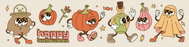 Retro old Cartoon Halloween character set. Groovy trippy groovy figures - pumpkins, cauldron, chast and potion flask. Contour 80s-90s Vector illustration on isolated background.