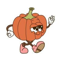 Groovy cute retro cartoon pumpkin character in vintage style. Walking Retro cartoon mascot. Contour hand drawn vector illustration.
