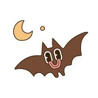 Groovy Halloween bat character with moon. Trippy spooky elements. Walking Retro cartoon mascot. Contour hand drawn vector illustration.