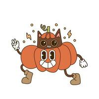 Spooky black line character of Cat in pumpkin. Walking Retro cartoon Halloween mascot. Contour hand drawn vector illustration.