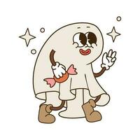 Halloween cute ghost holding sweet candy. Kawaii face. Walking Retro cartoon mascot. Contour hand drawn vector illustration.