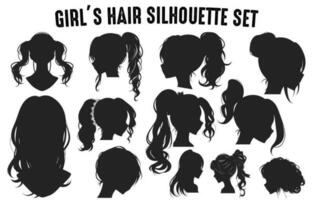 Girl's Hair Silhouettes Vector set, Girl's hairstyles Silhouettes, women's hair silhouette collection, Hair black silhouettes illustration