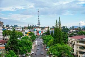 Da Lat, Viet Nam - 3 June 2023 View from Da Lat Market in the morning, Traffic Center Landmark in Da Lat city photo