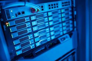 The server room tells the computer server that is working continuously. Convey the power and progress. photo