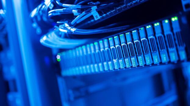 The server room tells the computer server that is working continuously. Convey the power and progress. photo