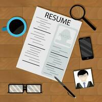 Preparing for interview. Write cv on wood table, vector illustration