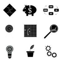 Black silhouette business icons. Analysis and tactic productivity, development and optimization, vector illustration