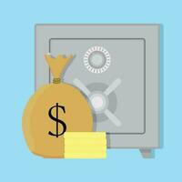 Deposit safe box. Currency trust, bag with money. Vector illustration