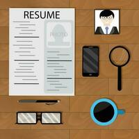 Write CV with photo. Recruitment and interview, photo man for resume. Vector illustration