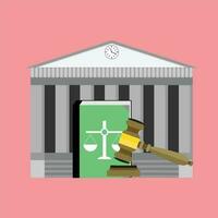 Institute of court and law. Legislation punishment, mallet and book. Vector illustration