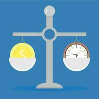 Time and money on scale. Balance clock and finance concept, vector illustration