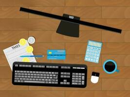 Accounting work place, count taxes. Finance work, money profit, workplace vector illustration