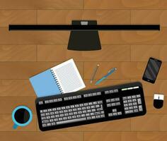 Top view of workplace table. Office work desktop and mobile phone. Vector illustration