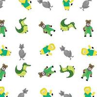 Zoo pattern with cartoon animal. Lion and bear, alligator and wolf. Vector illustration