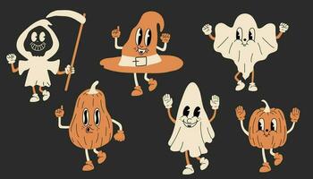Set of halloween 30s cartoon mascot character 40s, 50s, 60s old animation style. Cartoon cheerful halloween mascot vector