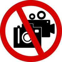 No photography camera and video record sign. Taking pictures and recording not allowed. Prohibition symbol sticker for area places. Replaceable vector design. Vector illustration.
