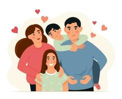 happy family concept. Parents with kids. Mom hugs her daughter, dad holds his son on his shoulders. Vector illustration in flat cartoon style