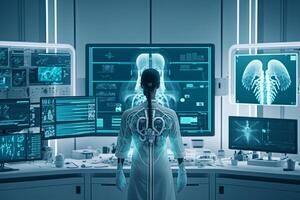 The Future of AI-Powered Healthcare, In a state-of-the-art hospital room, the latest medical technology is on display, showcasing the concept of AI in healthcare. photo