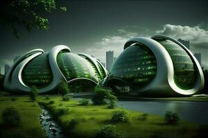 A futuristic eco-friendly city. The innovations of an eco-friendly metropolis. Green technology concept. Generative AI photo