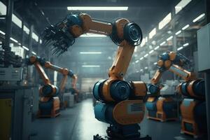 Robotic arms in a factory. Robotics in industry concept. Generative AI photo