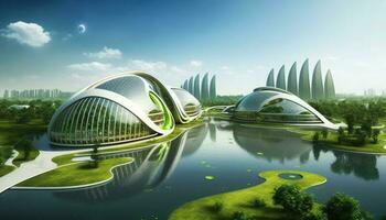 A futuristic eco-friendly city. The innovations of an eco-friendly metropolis. Green technology concept. Generative AI photo