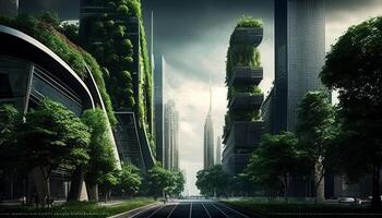 A futuristic eco-friendly city. The innovations of an eco-friendly metropolis. Green technology concept. Generative AI photo