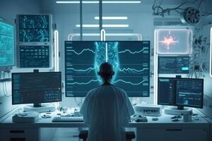 The Future of AI-Powered Healthcare, In a state-of-the-art hospital room, the latest medical technology is on display, showcasing the concept of AI in healthcare. photo