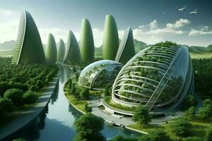 A futuristic eco-friendly city. The innovations of an eco-friendly metropolis. Green technology concept. Generative AI photo