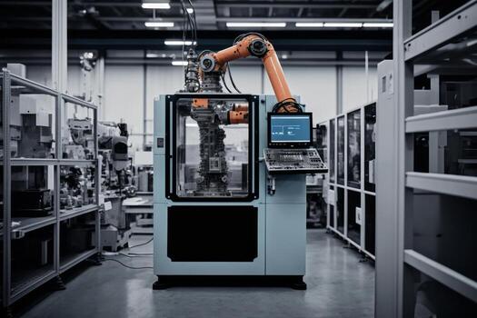 Robotic arms in a factory. Robotics in industry concept. photo