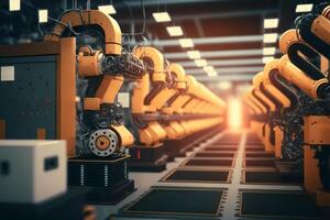 Robotic arms in a factory. Robotics in industry concept. Generative AI photo