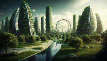 A futuristic eco-friendly city. The innovations of an eco-friendly metropolis. Green technology concept. photo