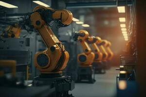 Robotic arms in a factory. Robotics in industry concept. Generative AI photo